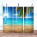 This photo is of a calm beach and turquoise water tumbler shown from all sides – wraparound design with soft sand and sky. Subllimated.
